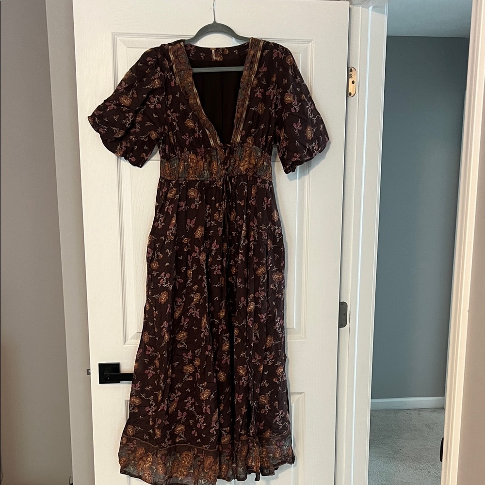 Free People Brown Floral Maxi Dress with V-Neck - Picture 3 of 5